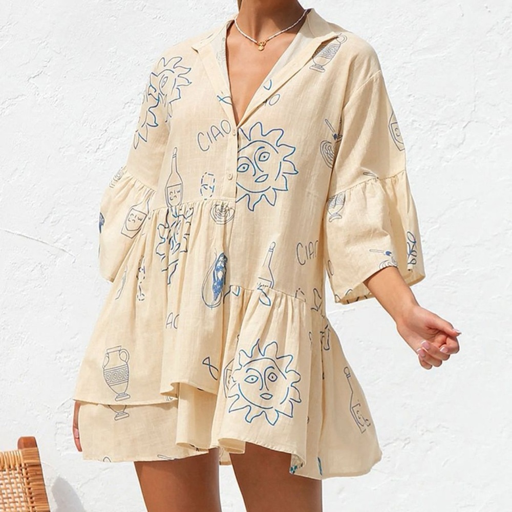 Commense Beige and Blue Graphic Dress
